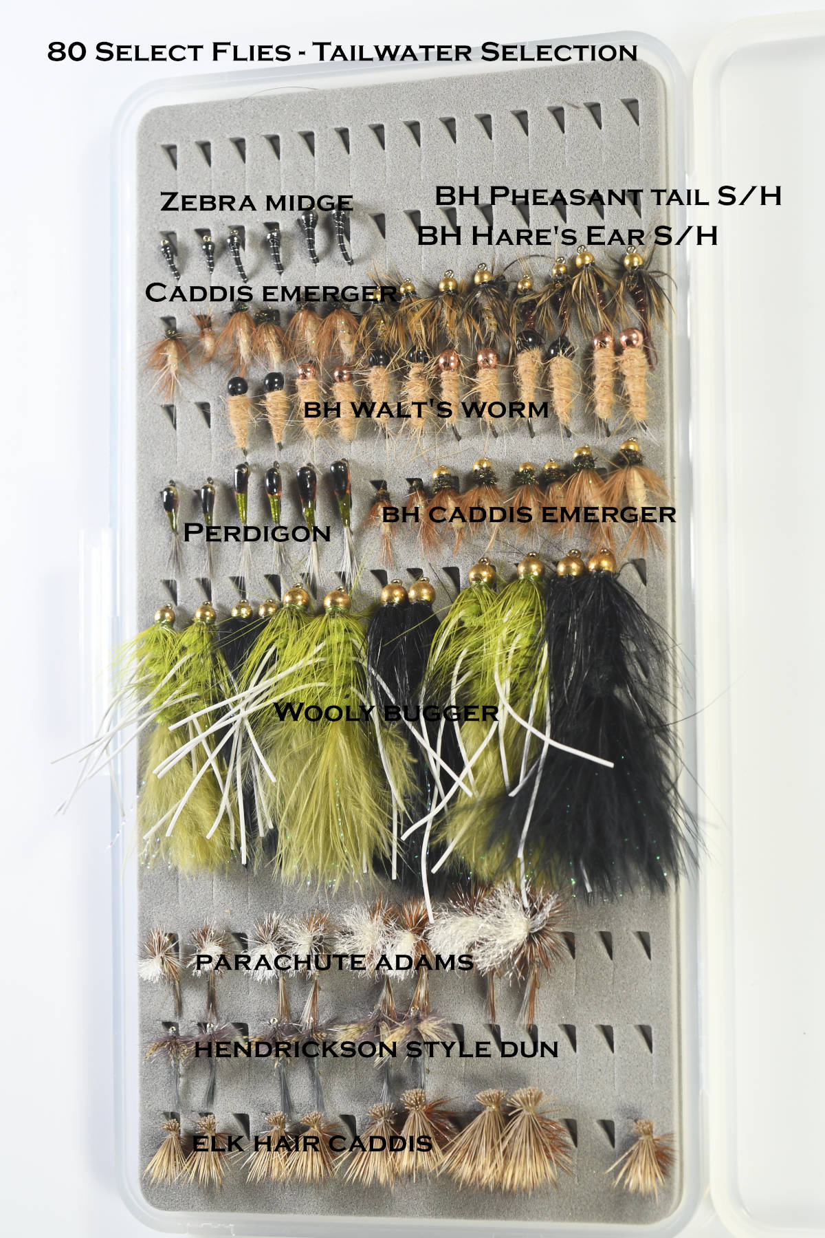 Fly Assortment - 80 Flies - Tailwaters Fly Assortment - Fly Fishing - Including Slimline Fly Box