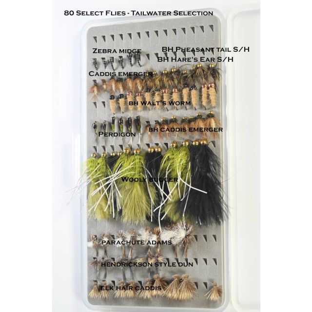 Fly Assortment - 80 Flies - Tailwaters Fly Assortment - Fly Fishing - Including Slimline Fly Box